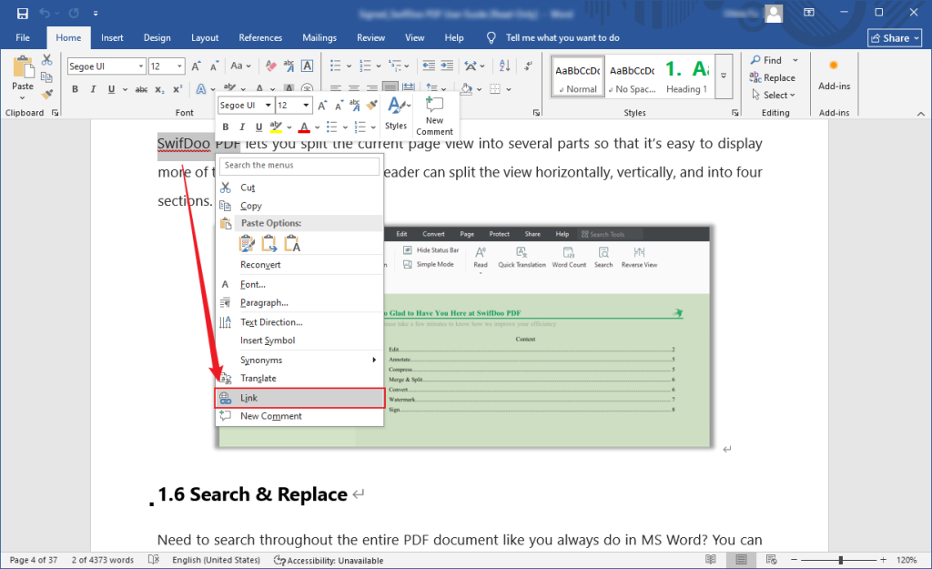 Right-click on the target text and choose the Link option in Microsoft Word