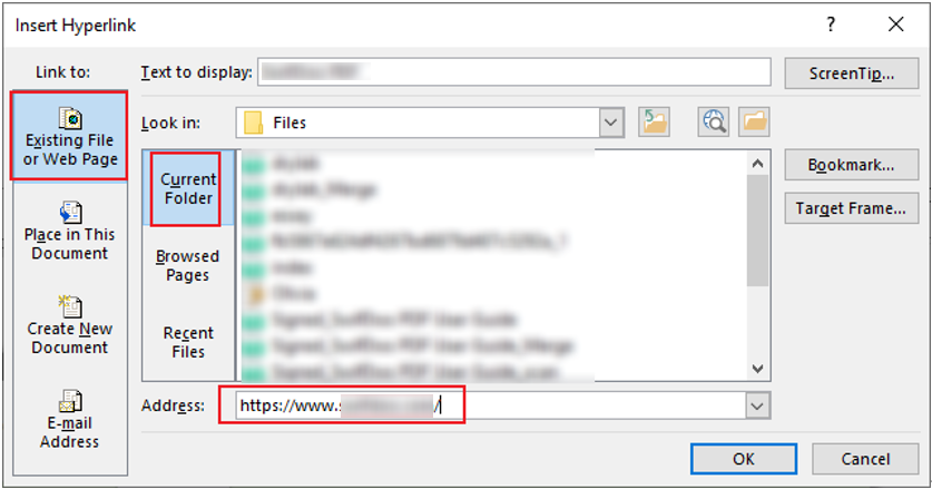 Paste the copied link into the Address box under the Existing Fil or Web Page in Microsoft Word