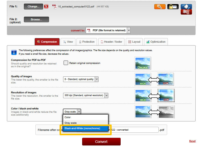 Convert PDF to Black and White Not Grayscale using Online2PDF