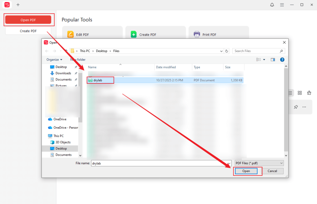 Click Open PDF to locate and import your PDF file into JOPDF
