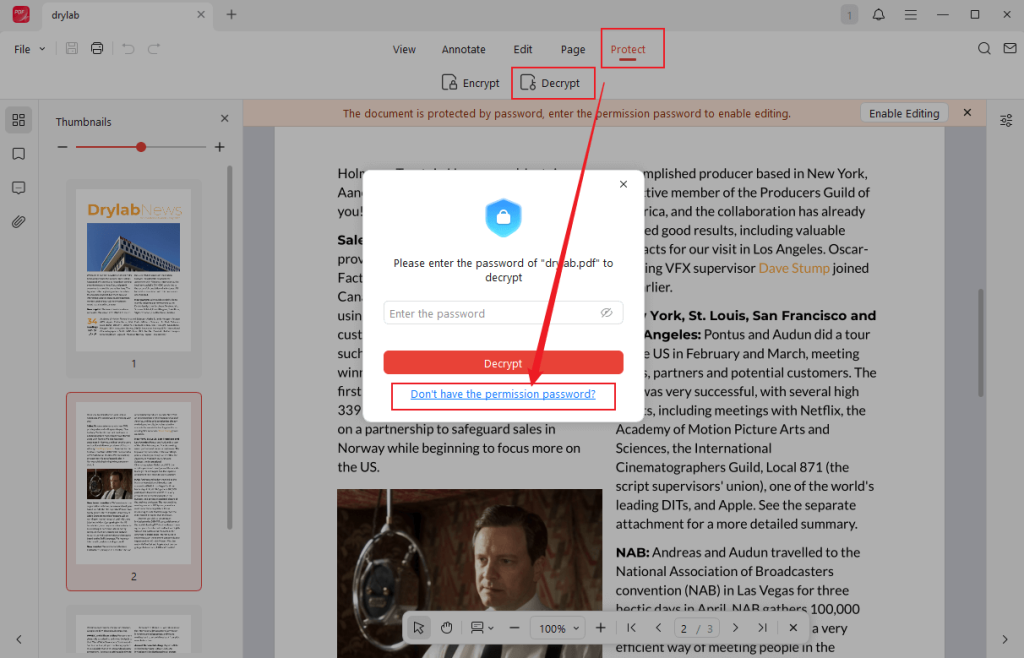 Click the Protect tab and select the Decrypt option in JOPDF