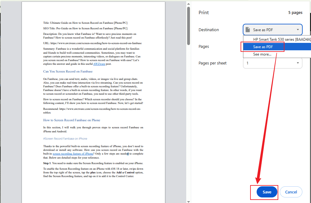 Set Save as PDF as the Destination and click the Save button