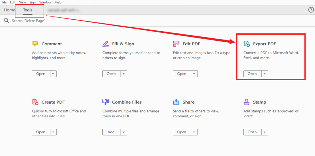 Select the Export PDF option from the Tools list in Adobe Acrobat Pro
