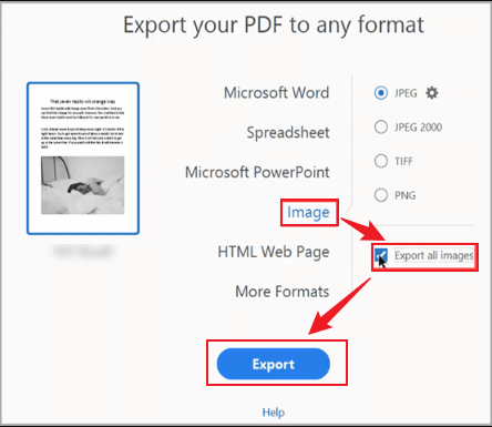 Select Image and click Export in Adobe Acrobat Pro
