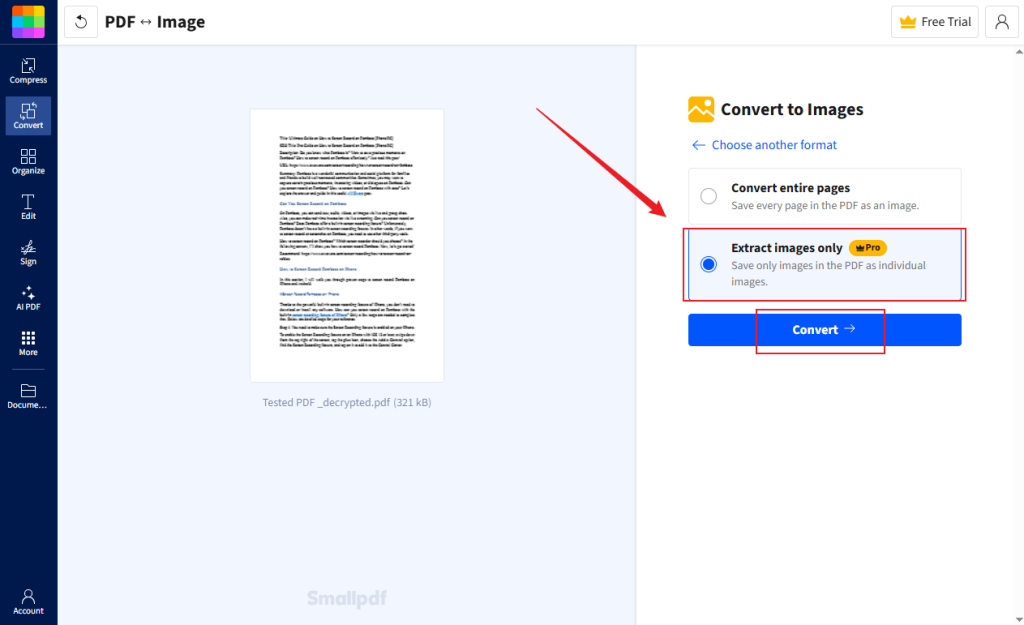 Select the Extract images only option and click Convert in Smallpdf