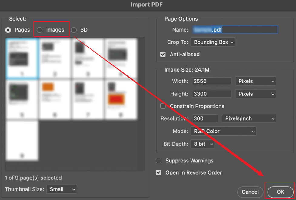 Select the Images option to choose the target image thumbnail and click OK in Photoshop