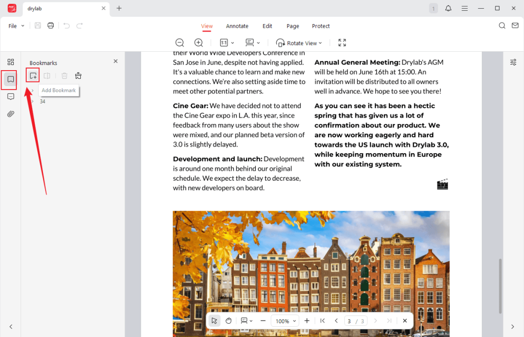 Click the Bookmarks icon in the left sidebar and click the Add Bookmark option for the target PDF page in JOPDF