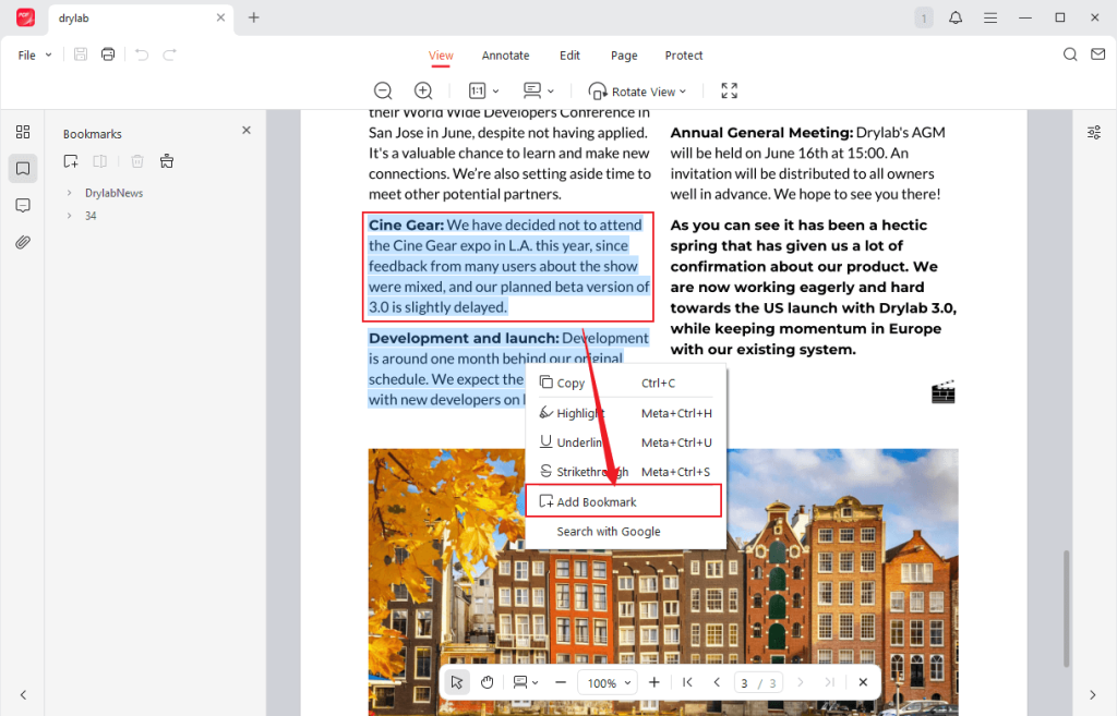 Select the text or sentences you want to add bookmark and right-click on it to select the Add Bookmark option in JOPDF