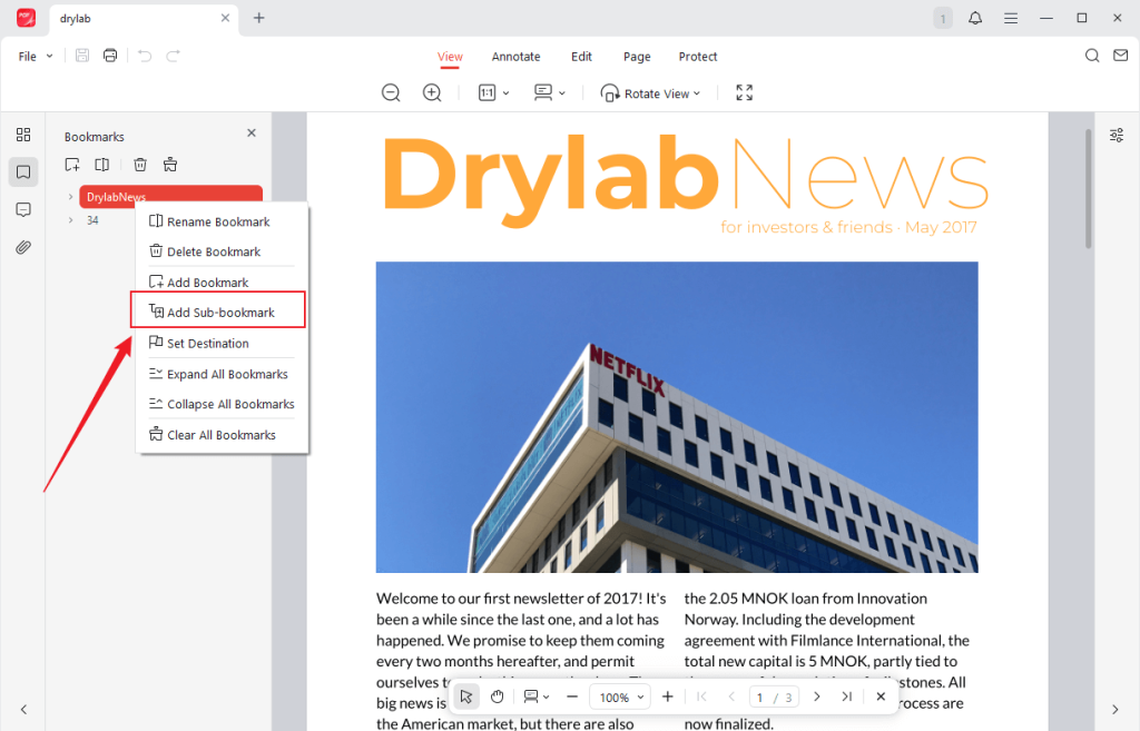 Right-click on the already-created bookmark to select the Add Sub-bookmark option in JOPDF