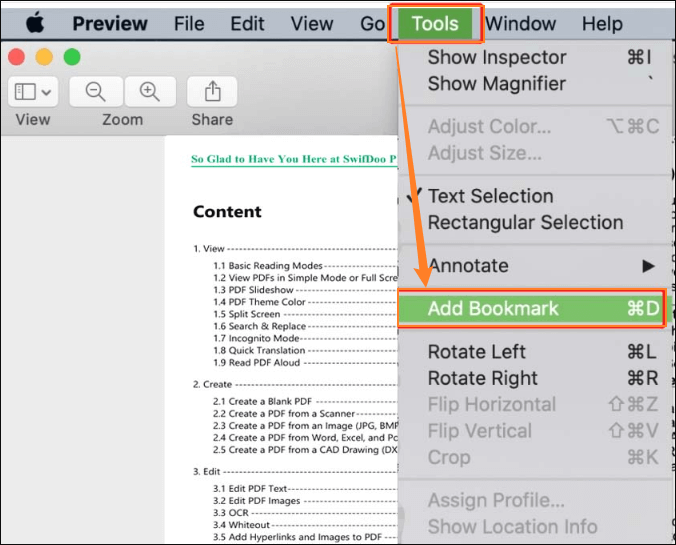 Click the Add Bookmark option from the Tools list in Preview