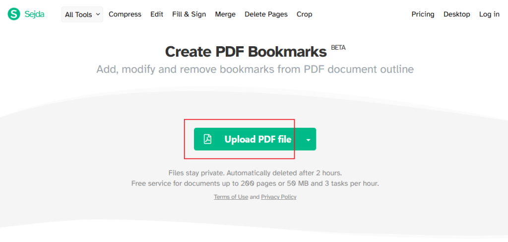 Click the Upload PDF file button in Sejda