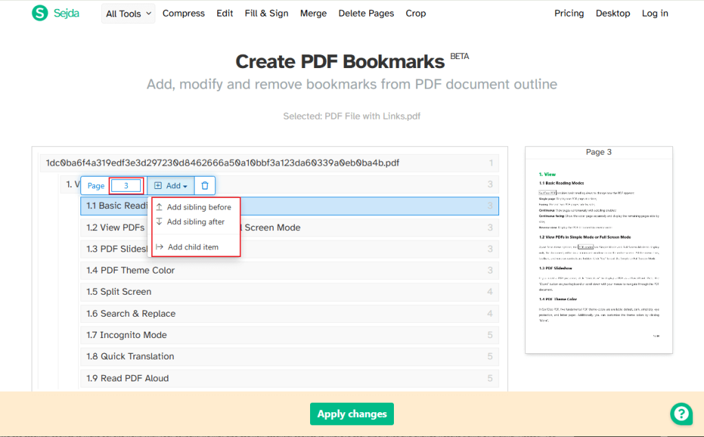 Add new bookmarks to the PDF in Sejda