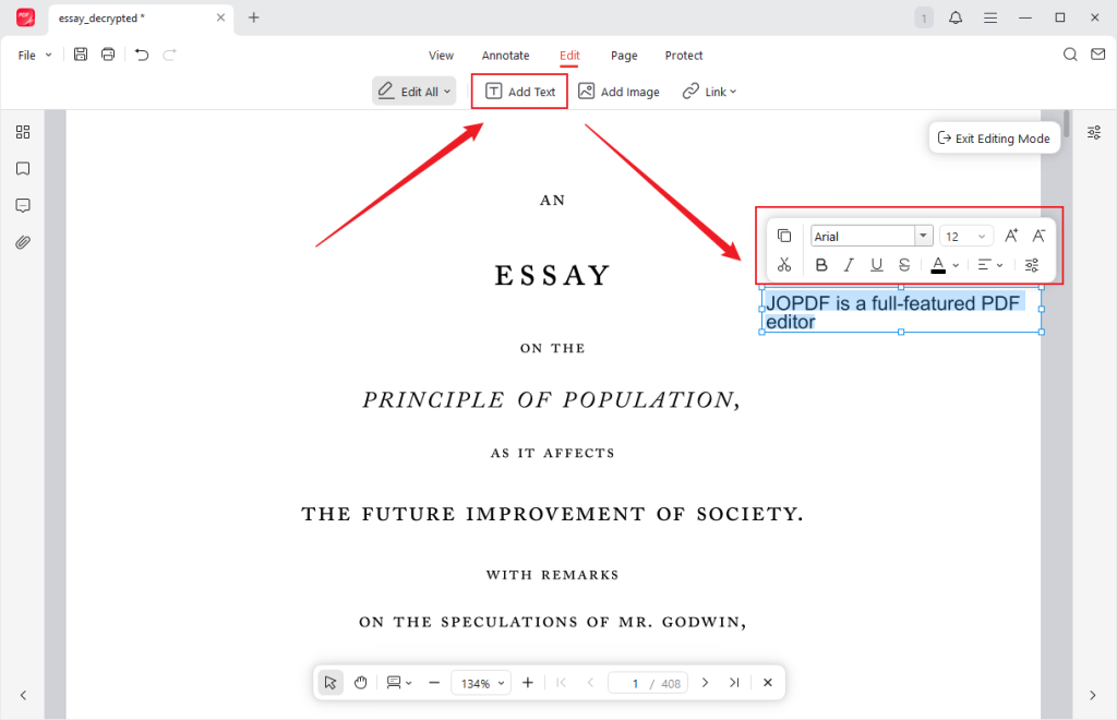 Click the Add Text option under the Edit tab in JOPDF