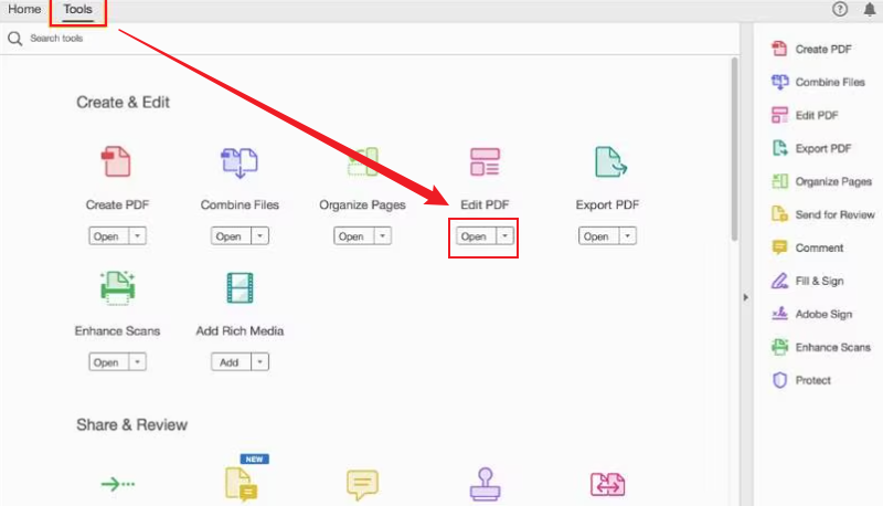 Go to Tools tab and click the Open button under the Edit PDF option to import a PDF file into Adobe Acrobat