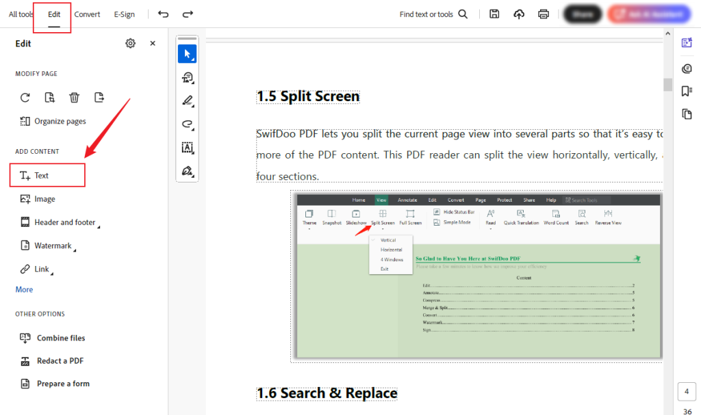 Go to Edit and click the Text option to add a text box in Adobe Acrobat
