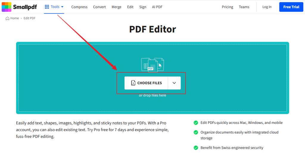 Click CHOOSE FILES to import a PDF file into Smallpdf