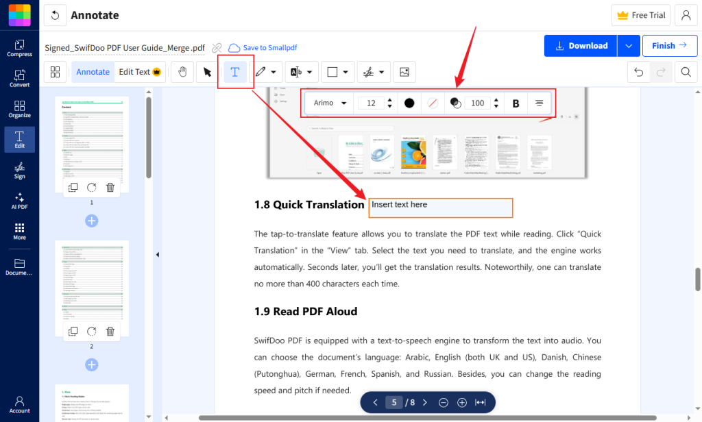 Click the Add text option to add a text box to the PDF file in Smallpdf