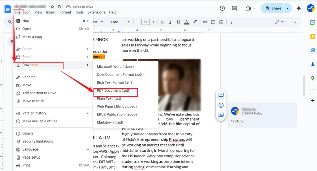 Choose Download from the File tab and choose the PDF Document (.pdf) option in Google Docs