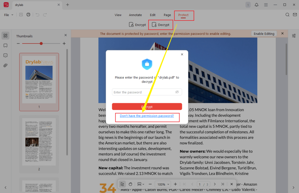 Click the Decrypt option under the Protect tab and select the Don’t have the permission password option in JOPDF