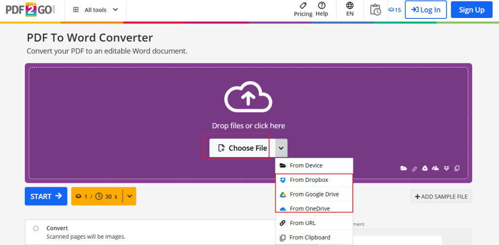Click Choose File to upload your PDF into PDF2GO