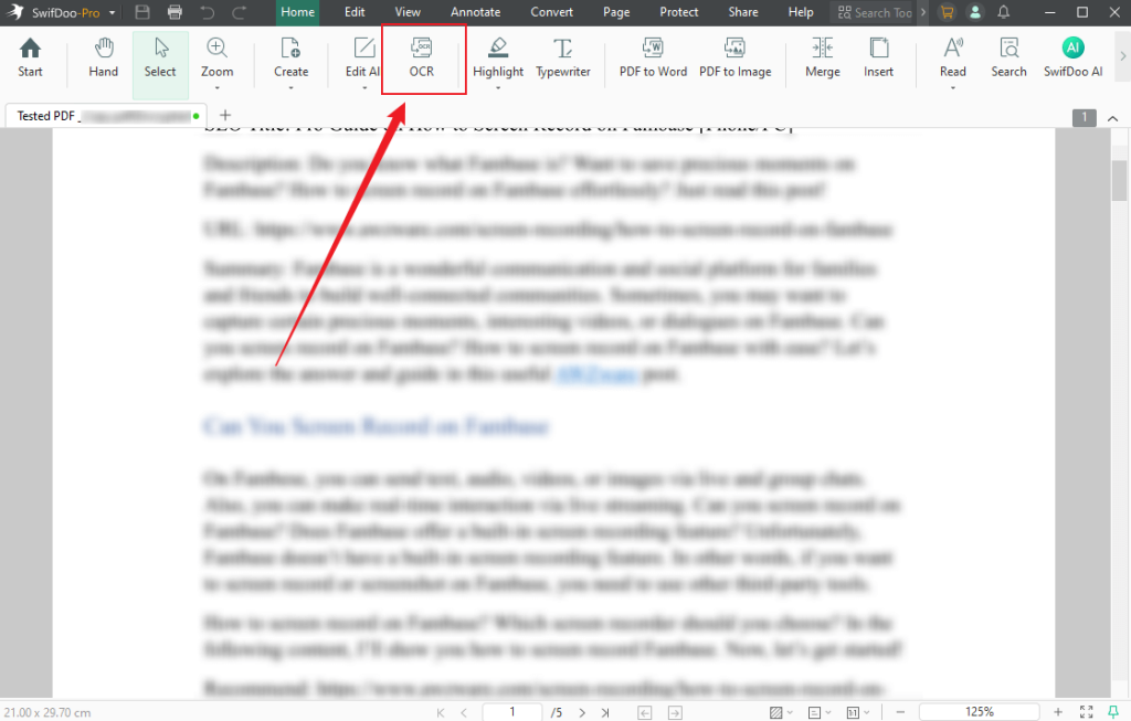 Click the OCR option in SwifDoo PDF
