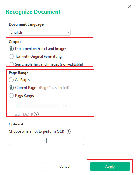 Customize the OCR settings and click Apply in SwifDoo PDF