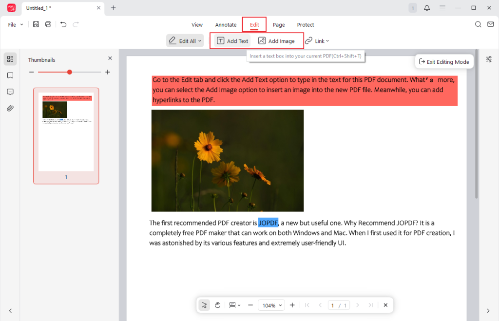 Add text and images to the blank PDF file in JOPDF