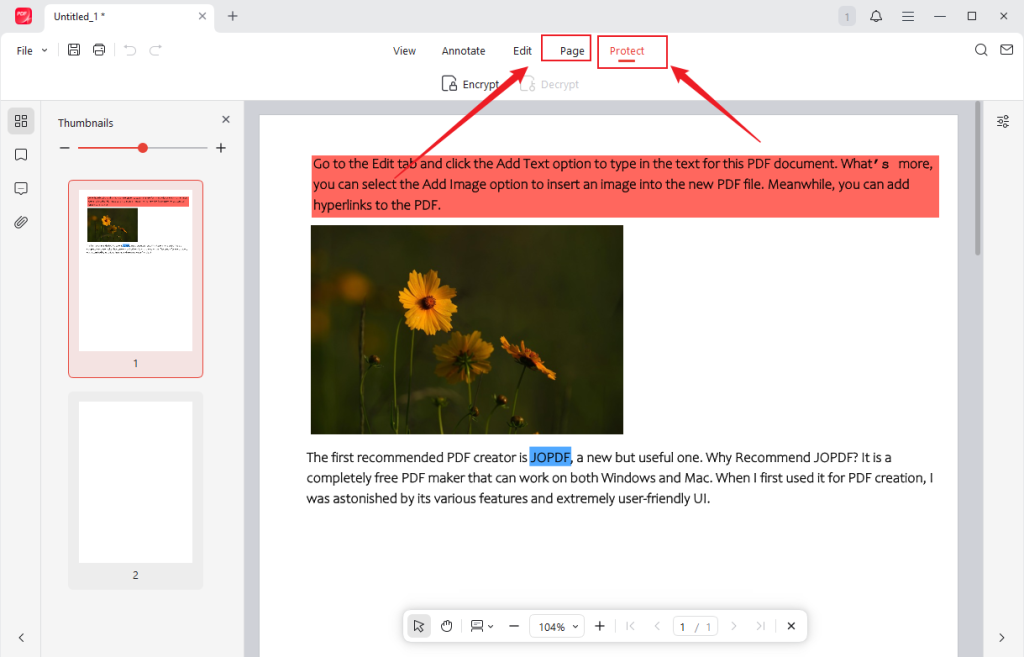 Go to the Page and Protect tab to refine the PDF file in JOPDF