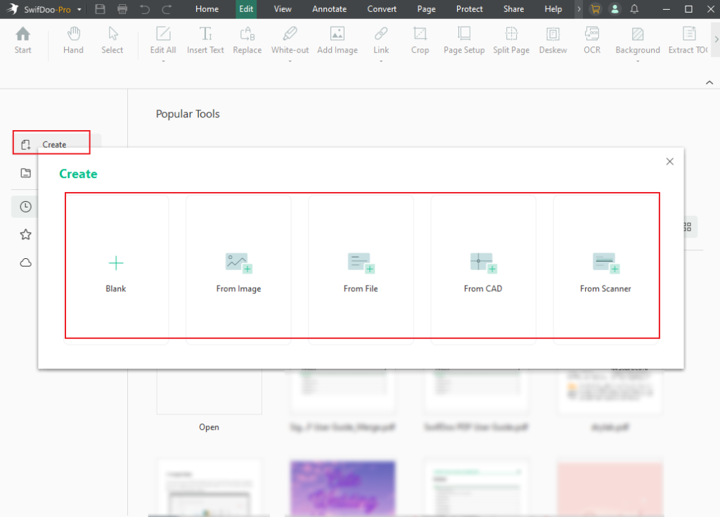 Select the Create option in SwifDoo PDF