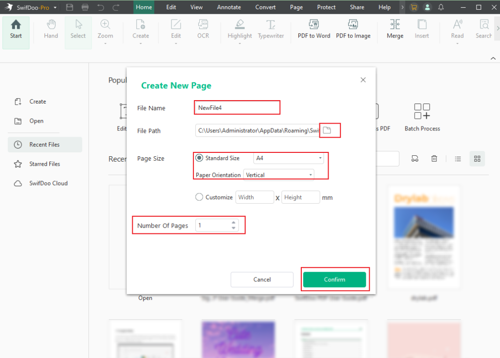 Name the PDF file and customize its page settings in SwifDoo PDF