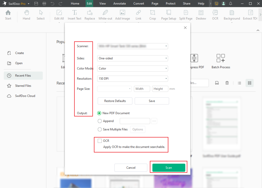 Customize the PDF settings for the Create a PDF from a scanner option in SwifDoo PDF