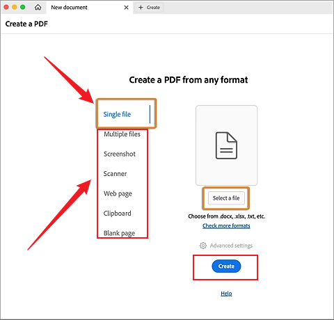 Select an source for create a PDF in Adobe Acrobat Pro