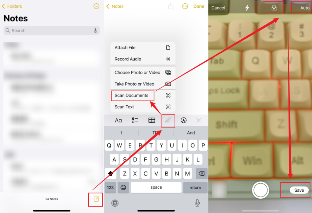Select the Scan Documents option in Notes to scan a physical image