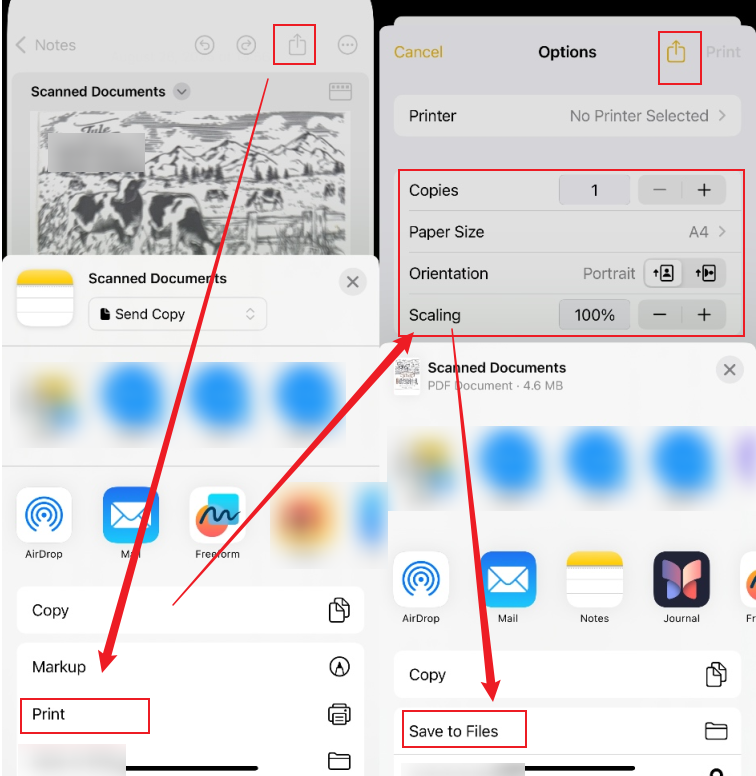 Tap the share icon and select the Print option and then select the Save to Files option after make the PDF settings in Notes