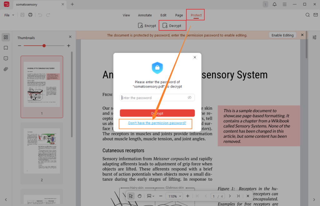 Go to Protect and select the Decrypt option in JOPDF