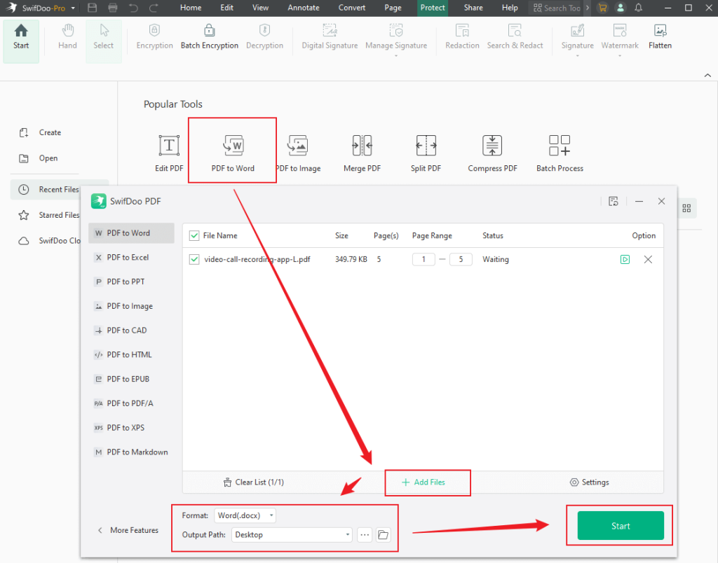 Click the PDF to Word option and upload a PDF file for conversion in SwifDoo PDF