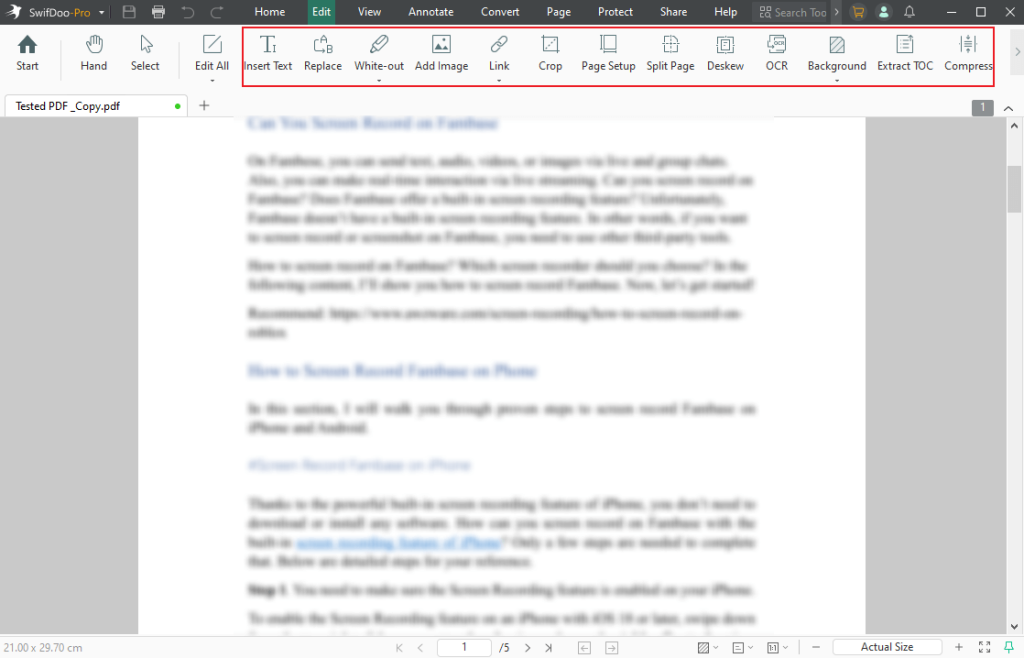 Go to Edit, Annotate, Page, or Protect tab to refine the PDF file in SwifDoo PDF