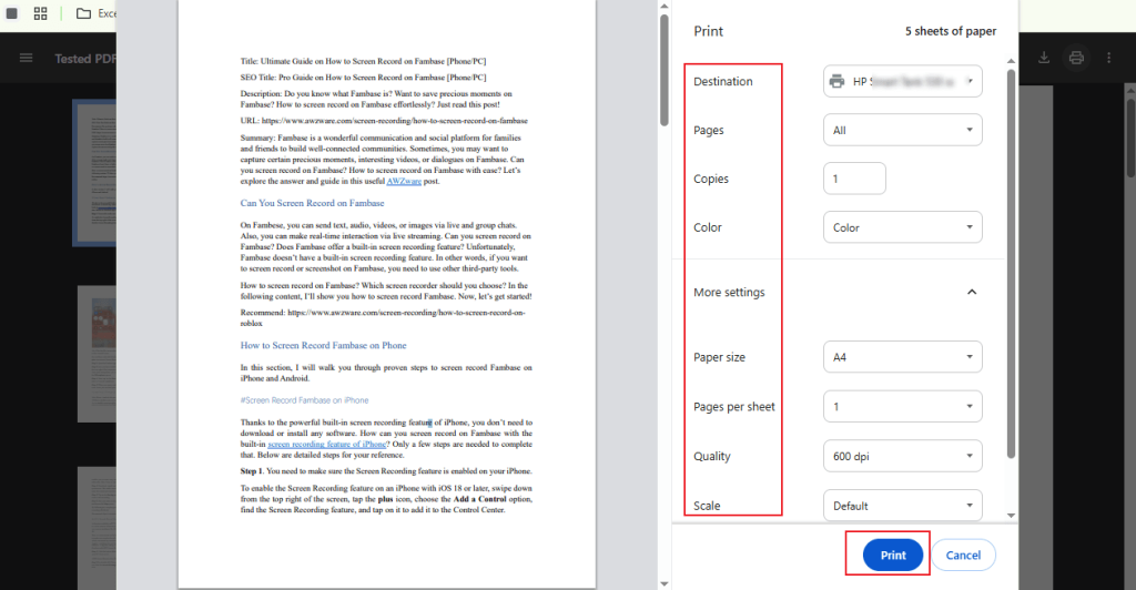 Print the PDF in Google Chrome