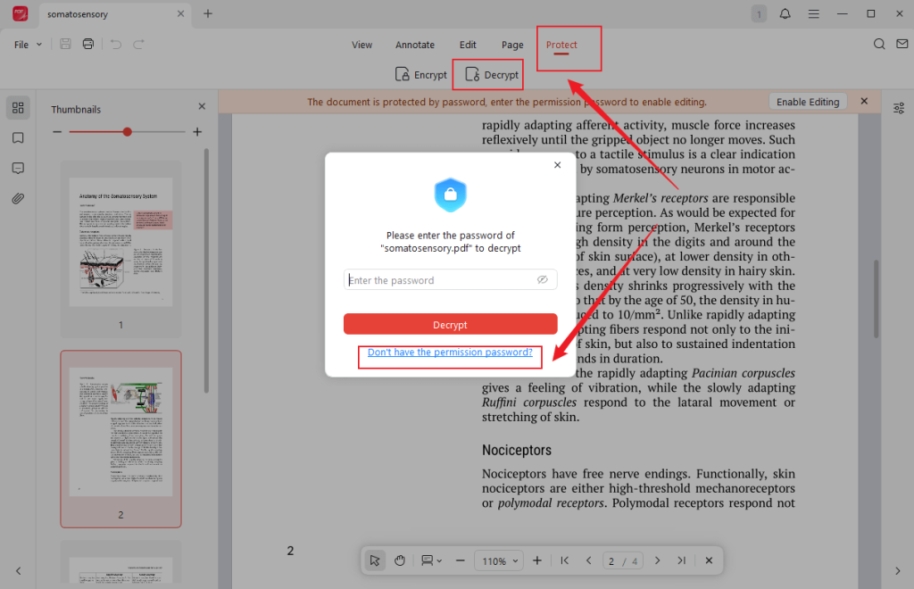 Go to the Protect tab and click the Decrypt option to remove the permission password in JOPDF