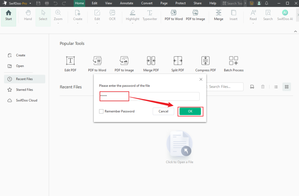Enter the open password to view the secure PDF in SwifDoo PDF