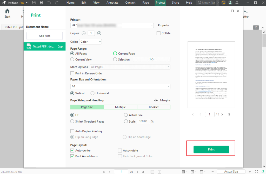 Customize the print settings in SwifDoo PDF and click Print