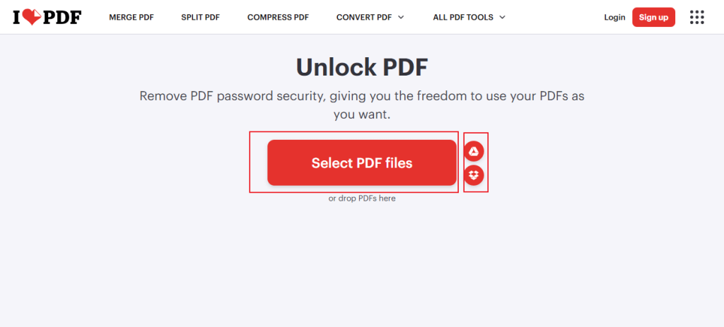 Click Select PDF files to import the secure PDF into iLovePDF