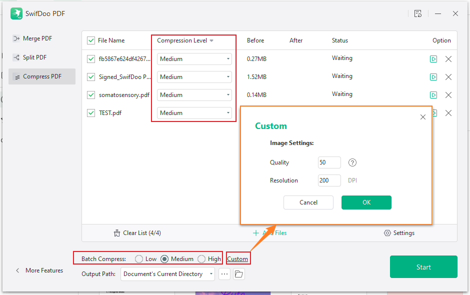 Choose the needed compression level for the PDF compression in SwifDoo PDF
