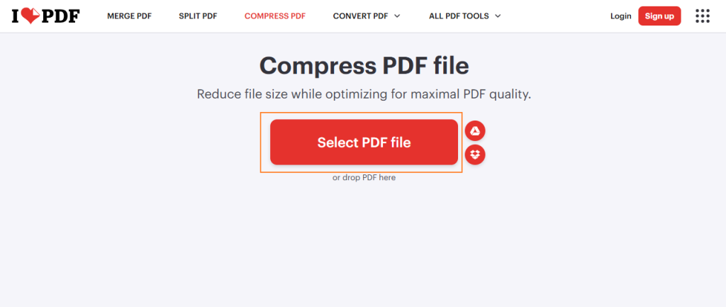 Click Select PDF file to import the target PDF file into iLovePDF