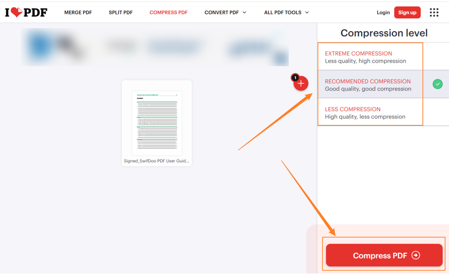 Choose the compression level and click Compress PDF in iLovePDF