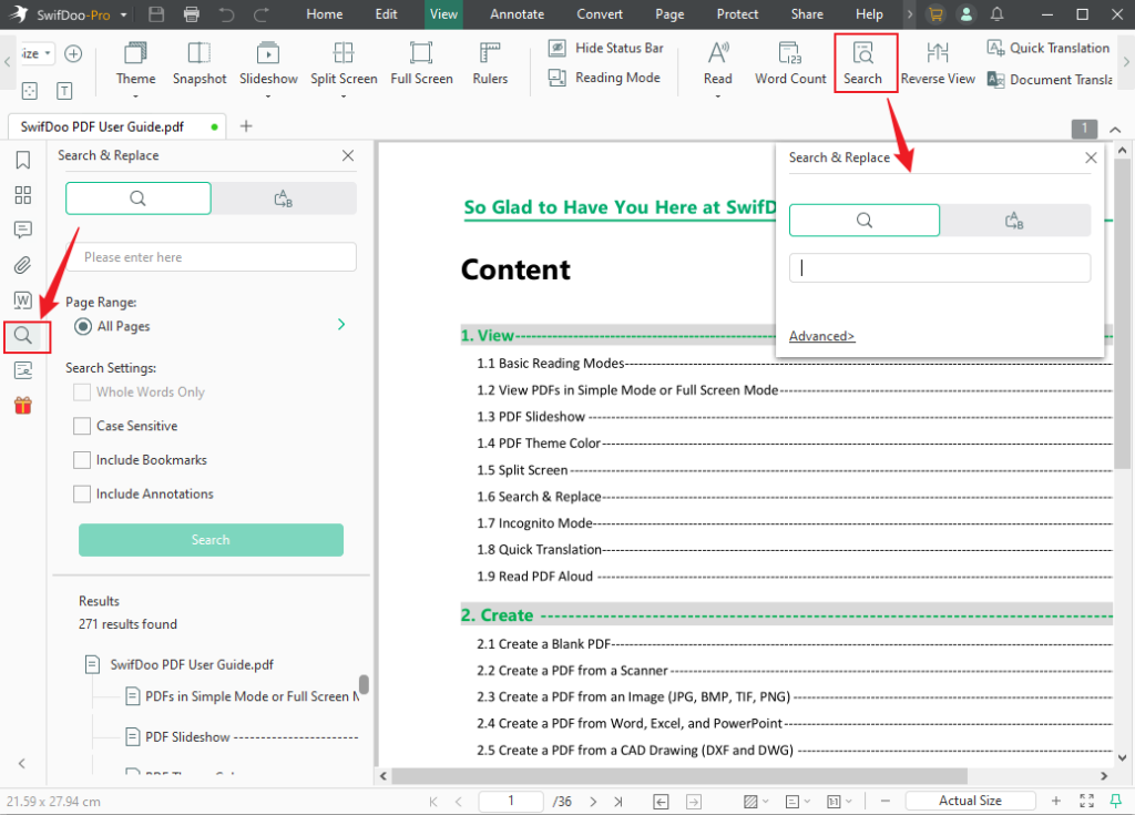 Click the Search option under the View tab to open the Search & Replace window in SwifDoo PDF