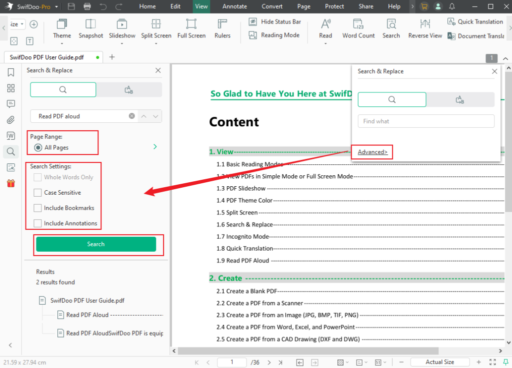 Click the Advanced option to make other advanced search operation in SwifDoo PDF