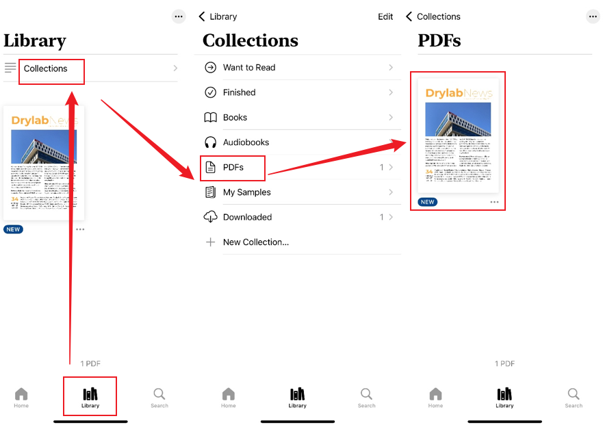 Go to Collections to select the target PDF file under the PDFs list in Apple Books