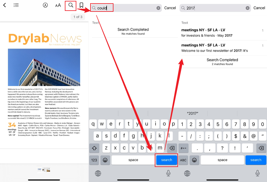 Tap the Search icon and enter the target word and hit the search button