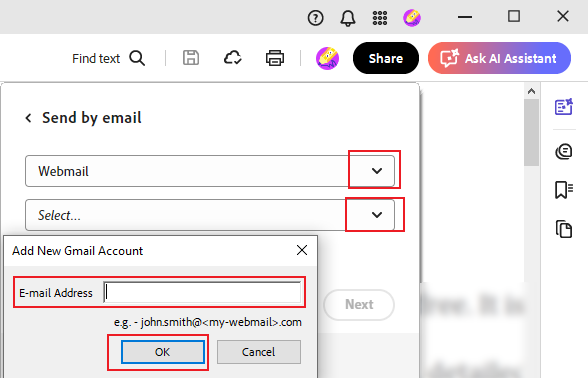 Select Webmail and enter the new Gmail address in Adobe Acrobat Reader
